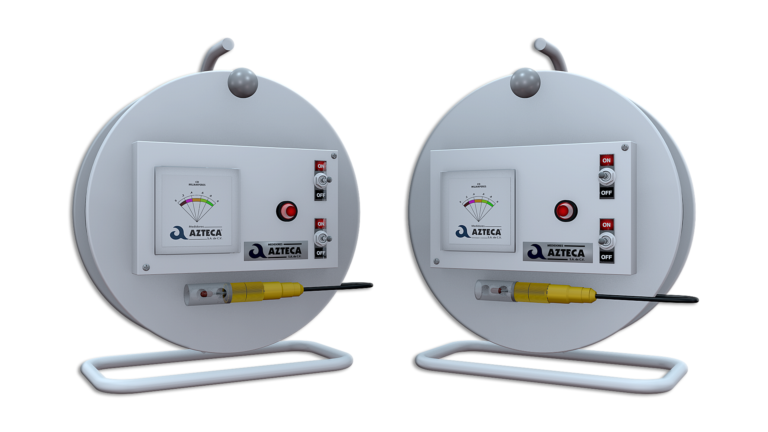 Two identical robot-like devices with screens and antennas on stands.