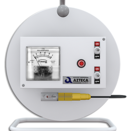 A laboratory device with a gauge, buttons, and a connected probe.